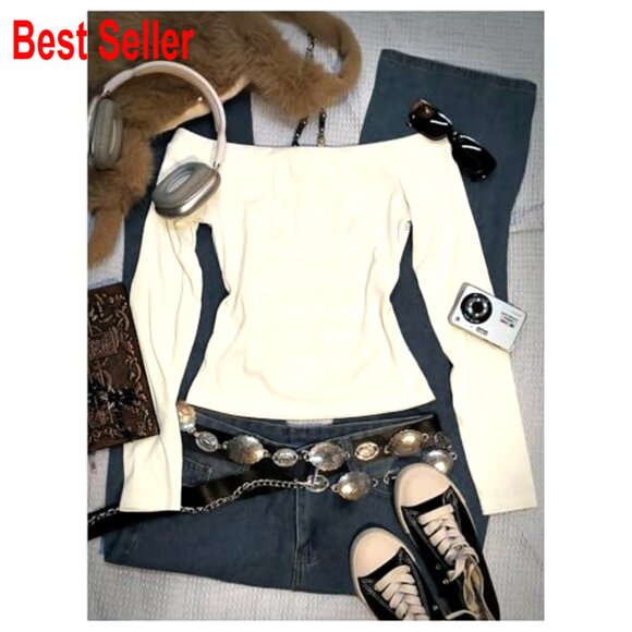 Y2K Graphic Tee Off Shoulder Long Sleeve Ribbed Knit T-Shirt Aesthetic Going - Picture 2 of 4